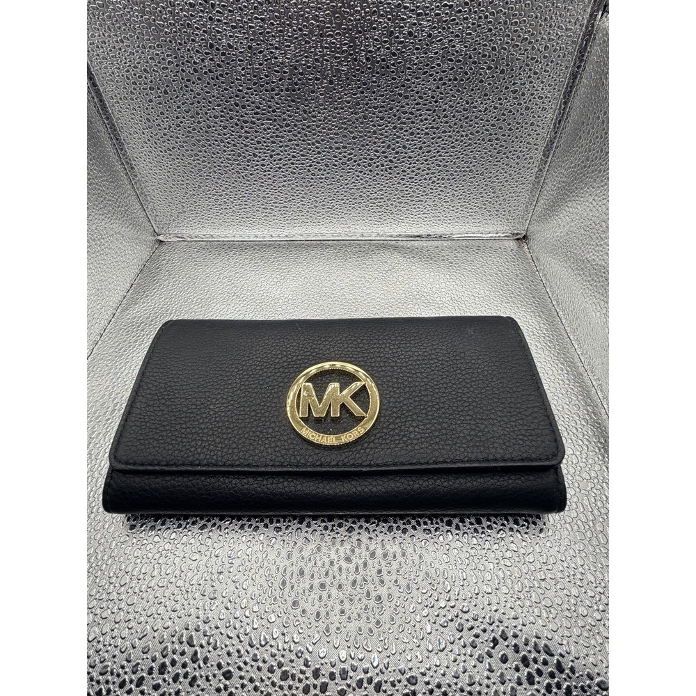 MICHAEL KORS MK Fulton Gusset Carryall Black Pebble Leather Envelope Wallet